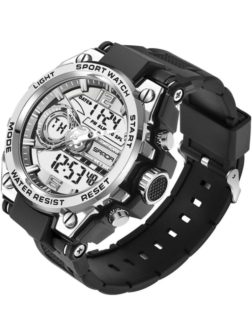 Men's Silver Waterproof Military Multi Function Tactics LED Alarm Sports Watches